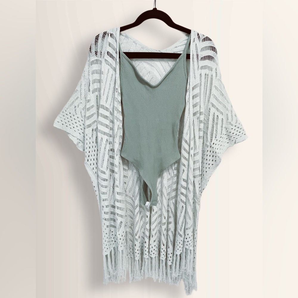 Lulu’s Green Bodysuit with Loose Knit Kimono